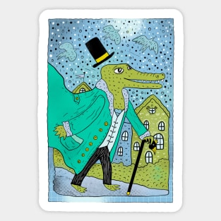 Cute green crocodile character in black top hat and tie Sticker